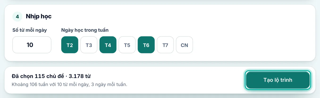 Phần Nhịp học và nút Tạo lộ trình được khoanh