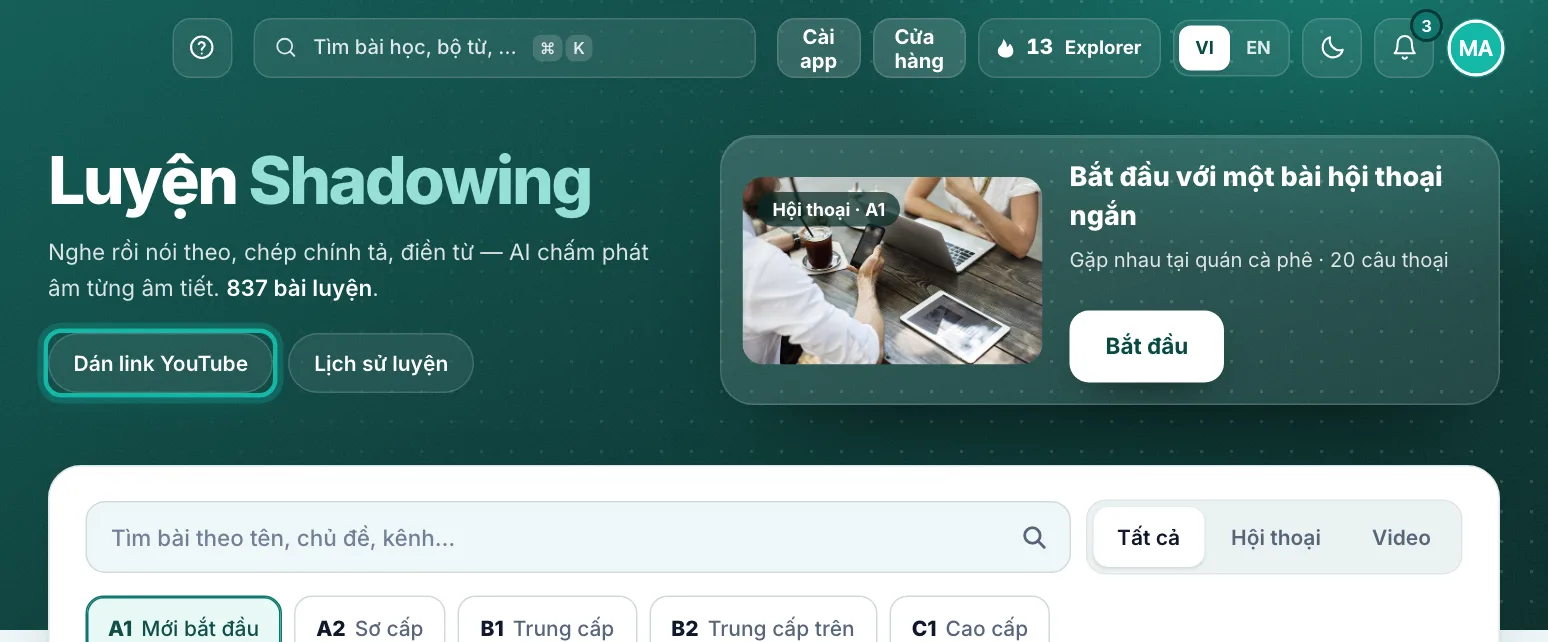 Đầu trang Shadowing, nút Dán link YouTube được khoanh