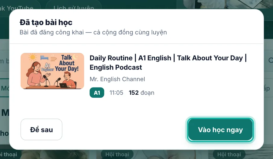 Hộp Đã tạo bài học, nút Vào học ngay được khoanh
