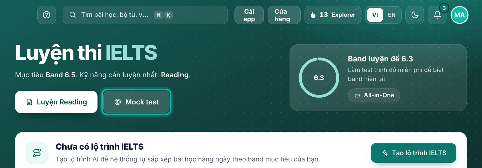 Đầu trang IELTS, nút Mock test được khoanh