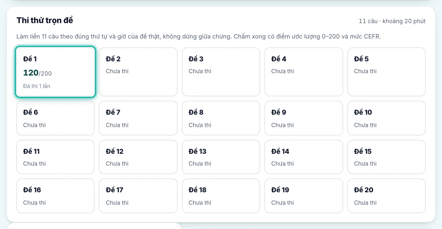 Phần Thi thử trọn đề, khung Đề 1 được khoanh