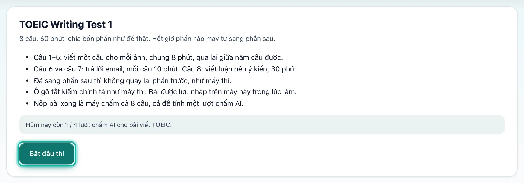 Nút Bắt đầu thi của đề Viết được khoanh