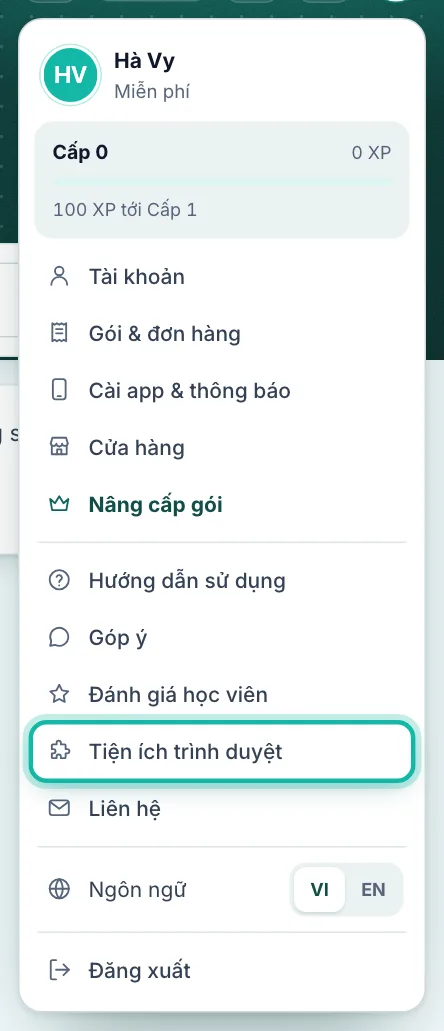Menu tài khoản, mục Tiện ích trình duyệt được khoanh