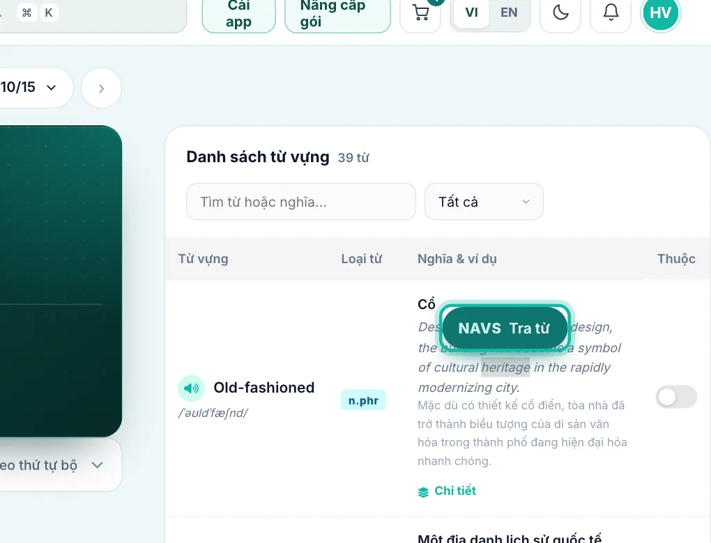 Một từ đang được bôi đen, nút NAVS Tra từ được khoanh