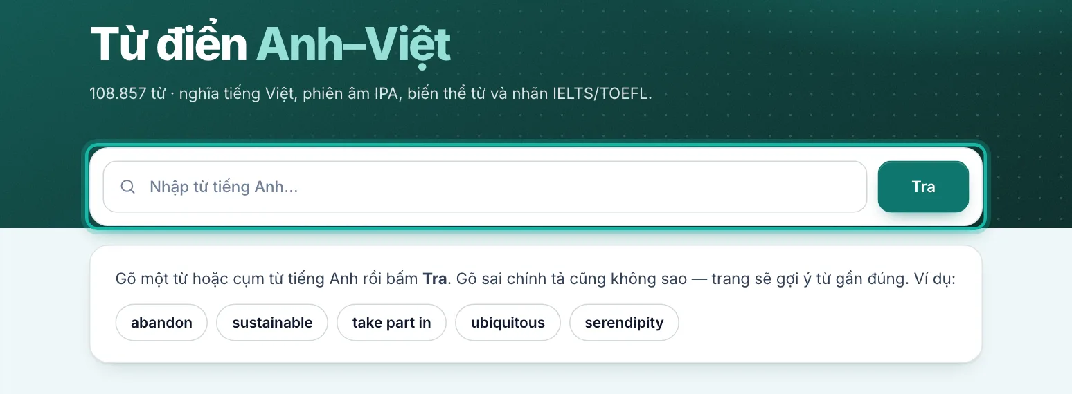 Trang Từ điển, ô tìm từ và nút Tra được khoanh