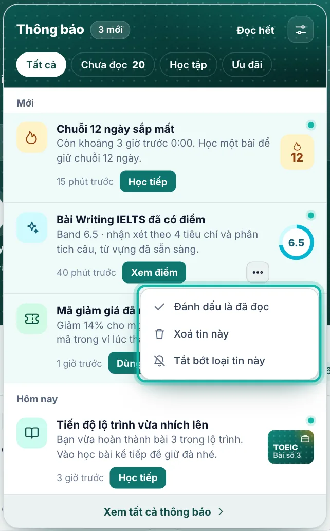 Menu của một tin được khoanh