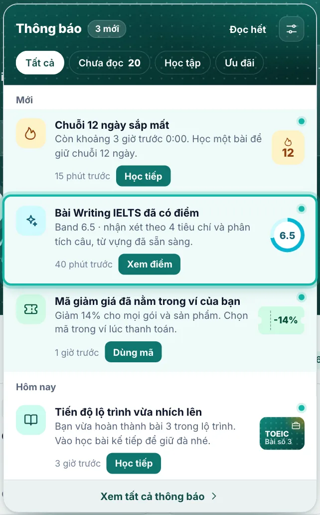 Tin chấm bài Writing có nút Xem điểm được khoanh