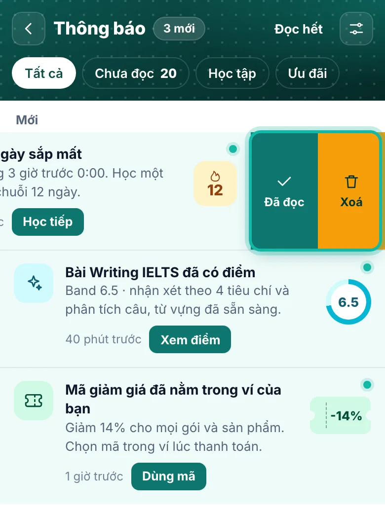 Hai nút Đã đọc và Xoá hiện ra sau khi vuốt tin được khoanh