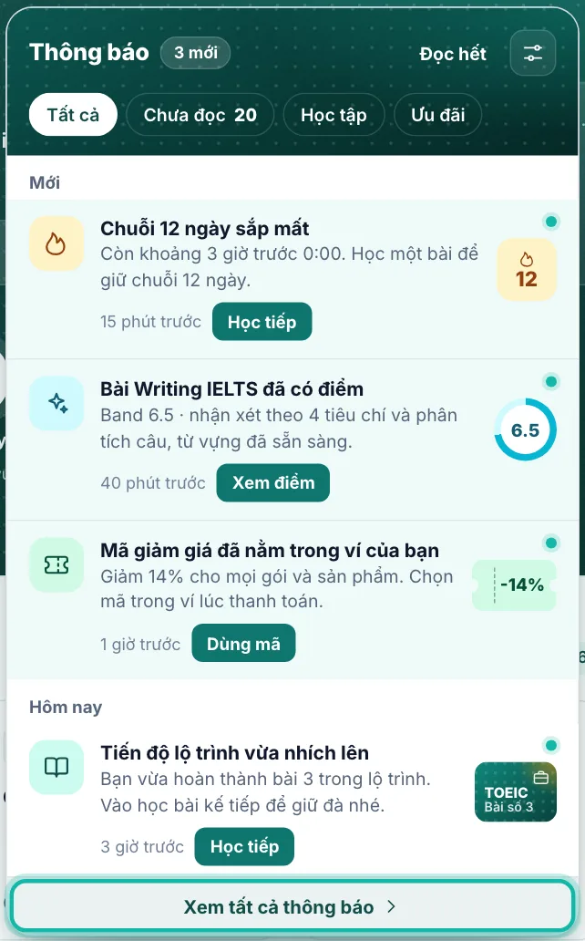 Nút Xem tất cả thông báo ở cuối hộp được khoanh